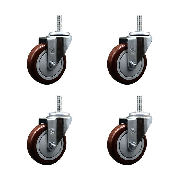 4 Inch Maroon Polyurethane Wheel Swivel 58 Inch Threaded Stem Caster Set Service Caster